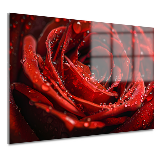 Close-up van een rode roos met dauwdruppels acrylglas