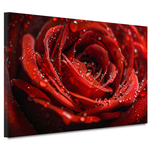 Close-up van een rode roos met dauwdruppels canvas