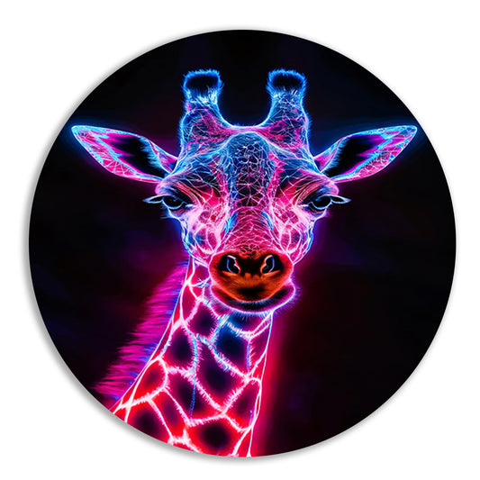 Futuristische giraffe in neonkleuren kunstwerk aluminium muurcirkel