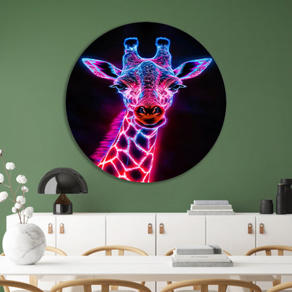 Futuristische giraffe in neonkleuren kunstwerk aluminium muurcirkel