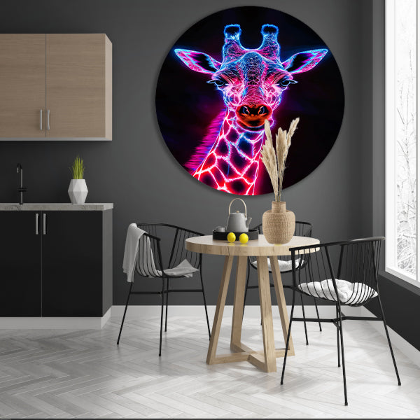 Futuristische giraffe in neonkleuren kunstwerk aluminium muurcirkel