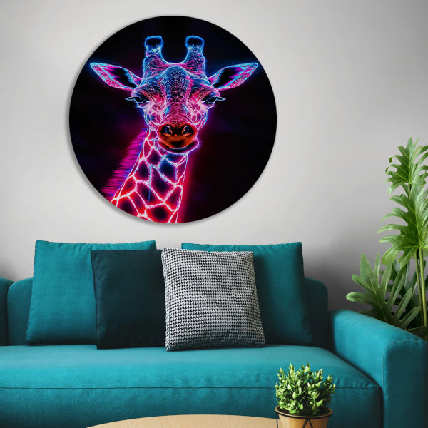 Futuristische giraffe in neonkleuren kunstwerk aluminium muurcirkel