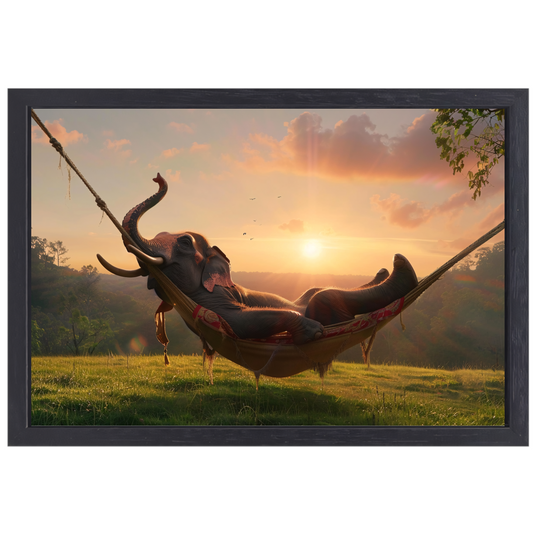 Olifant in een hangmat tijdens zonsondergang canvas met baklijst