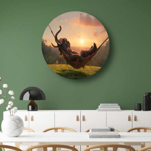 Olifant in een hangmat tijdens zonsondergang aluminium muurcirkel