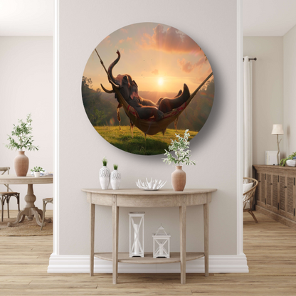 Olifant in een hangmat tijdens zonsondergang aluminium muurcirkel