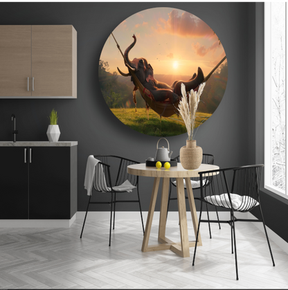 Olifant in een hangmat tijdens zonsondergang aluminium muurcirkel
