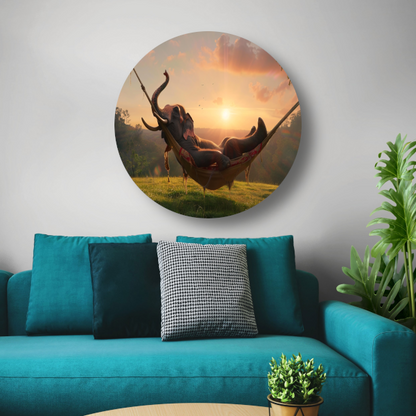 Olifant in een hangmat tijdens zonsondergang aluminium muurcirkel