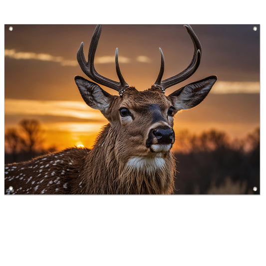 Majestueus hert bij een prachtige zonsondergang tuinposter