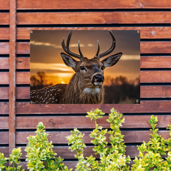 Majestueus hert bij een prachtige zonsondergang tuinposter