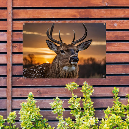 Majestueus hert bij een prachtige zonsondergang tuinposter