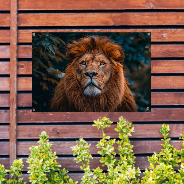 Prachtige portret van een leeuw met bladeren tuinposter