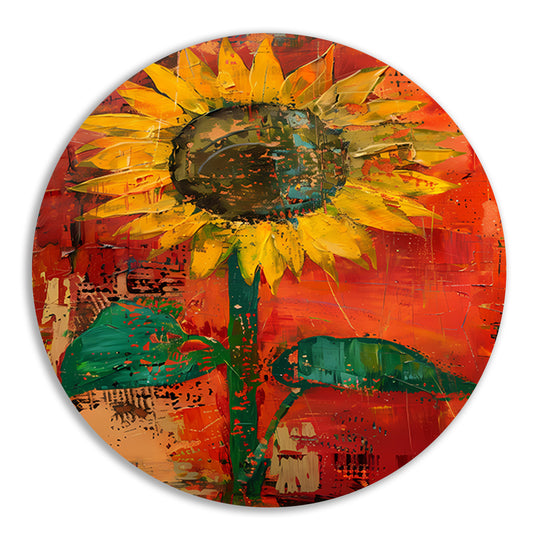 Abstracte zonnebloem schilderij met levendige kleuren aluminium muurcirkel