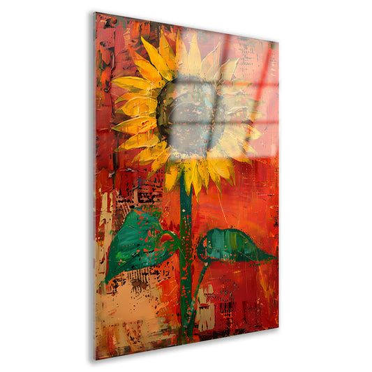 Abstracte zonnebloem schilderij met levendige kleuren acrylglas