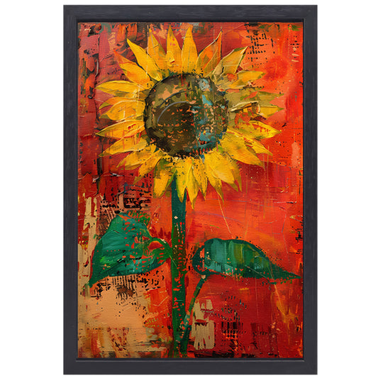 Abstracte zonnebloem schilderij met levendige kleuren canvas met baklijst