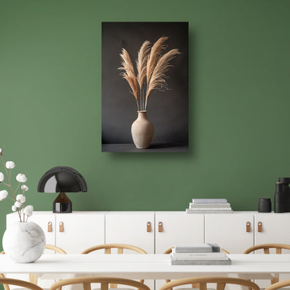 Stijlvolle vaas met beige pampasgras op donkere achtergrond canvas met baklijst