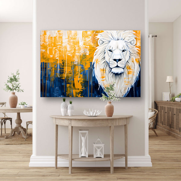 Realistische leeuw met abstracte kleurenachtergrond canvas met baklijst