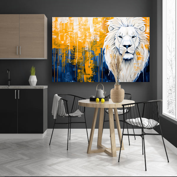 Realistische leeuw met abstracte kleurenachtergrond canvas met baklijst