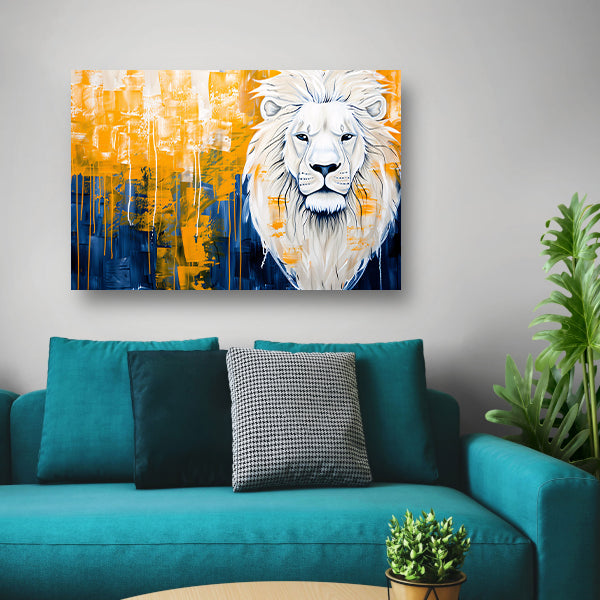 Realistische leeuw met abstracte kleurenachtergrond canvas met baklijst