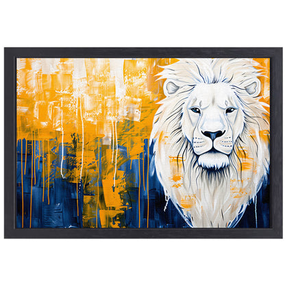 Realistische leeuw met abstracte kleurenachtergrond canvas met baklijst