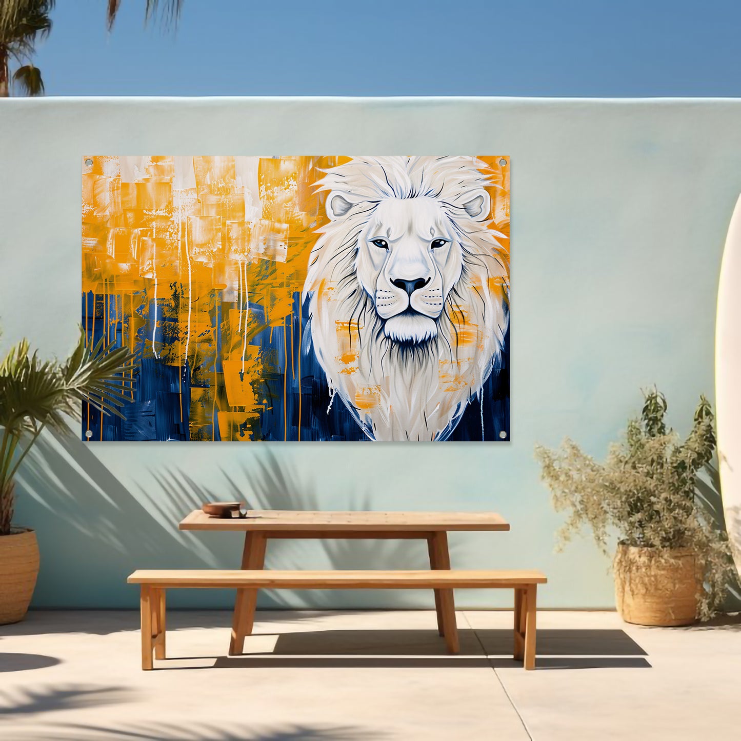 Realistische leeuw met abstracte kleurenachtergrond tuinposter