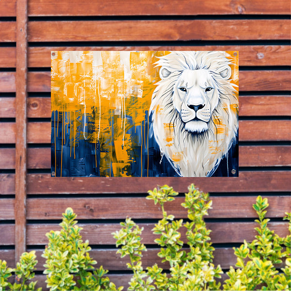 Realistische leeuw met abstracte kleurenachtergrond tuinposter