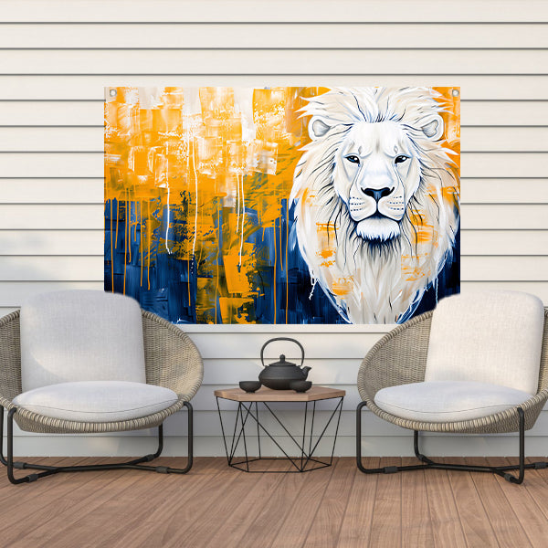 Realistische leeuw met abstracte kleurenachtergrond tuinposter