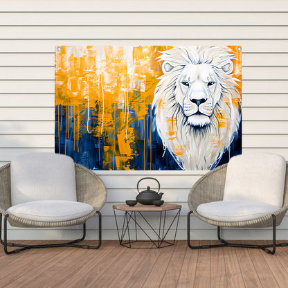 Realistische leeuw met abstracte kleurenachtergrond tuinposter