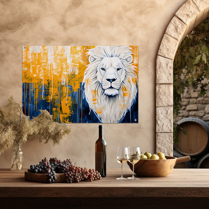 Realistische leeuw met abstracte kleurenachtergrond tuinposter