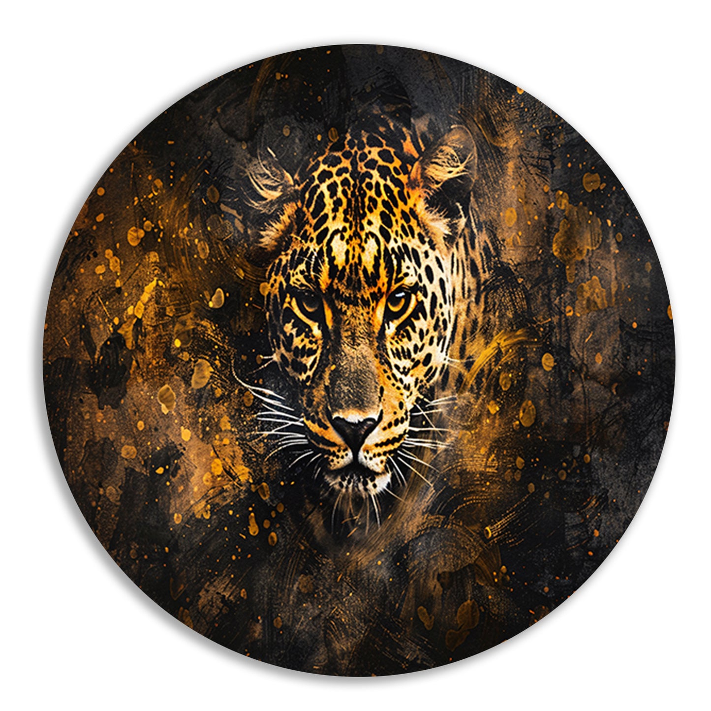 Dynamisch abstract luipaard portret in kleuren aluminium muurcirkel