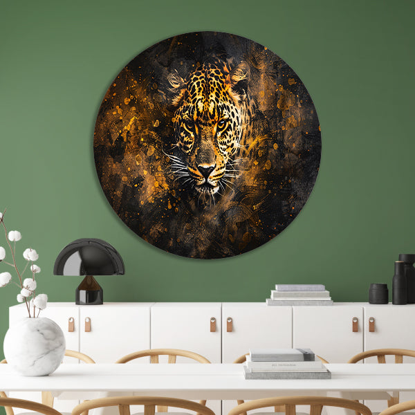 Dynamisch abstract luipaard portret in kleuren aluminium muurcirkel