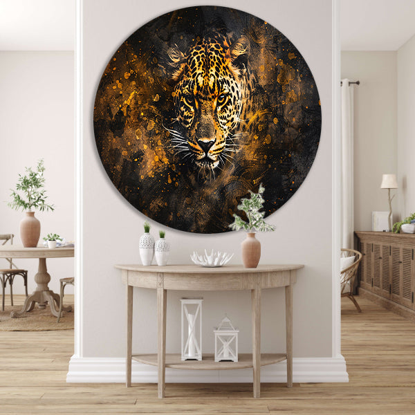 Dynamisch abstract luipaard portret in kleuren aluminium muurcirkel