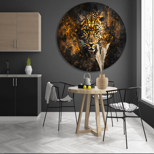 Dynamisch abstract luipaard portret in kleuren aluminium muurcirkel