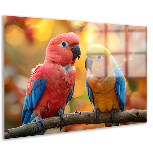 Twee papegaaien op een tak acrylglas