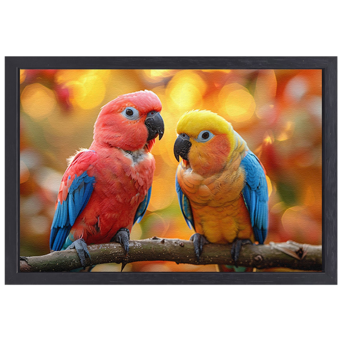 Twee papegaaien op een tak canvas met baklijst