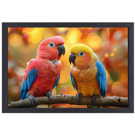 Twee papegaaien op een tak canvas met baklijst