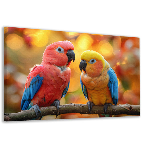 Twee papegaaien op een tak canvas