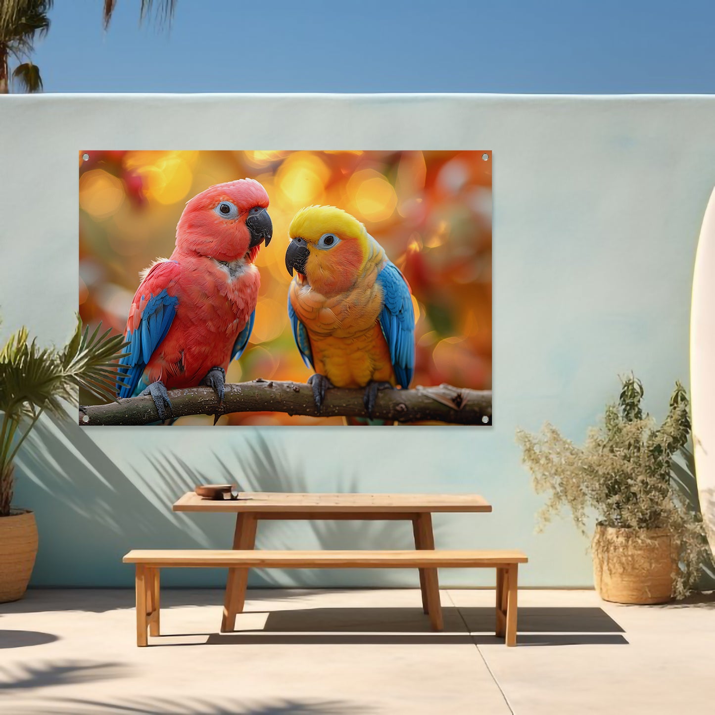 Twee papegaaien op een tak tuinposter