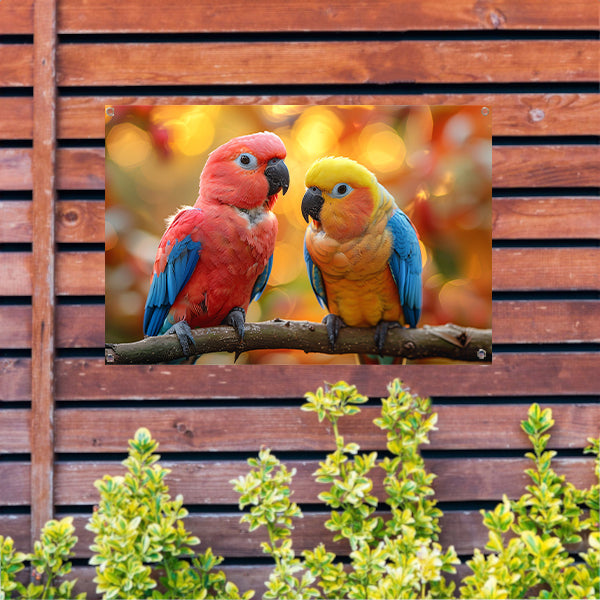 Twee papegaaien op een tak tuinposter
