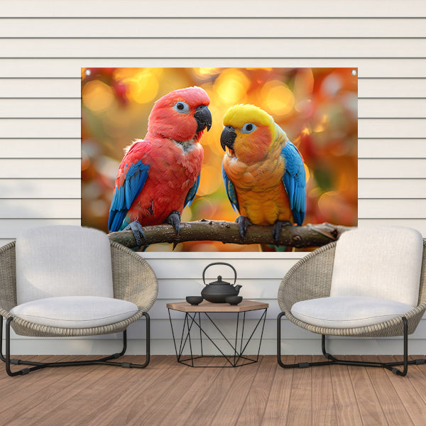 Twee papegaaien op een tak tuinposter