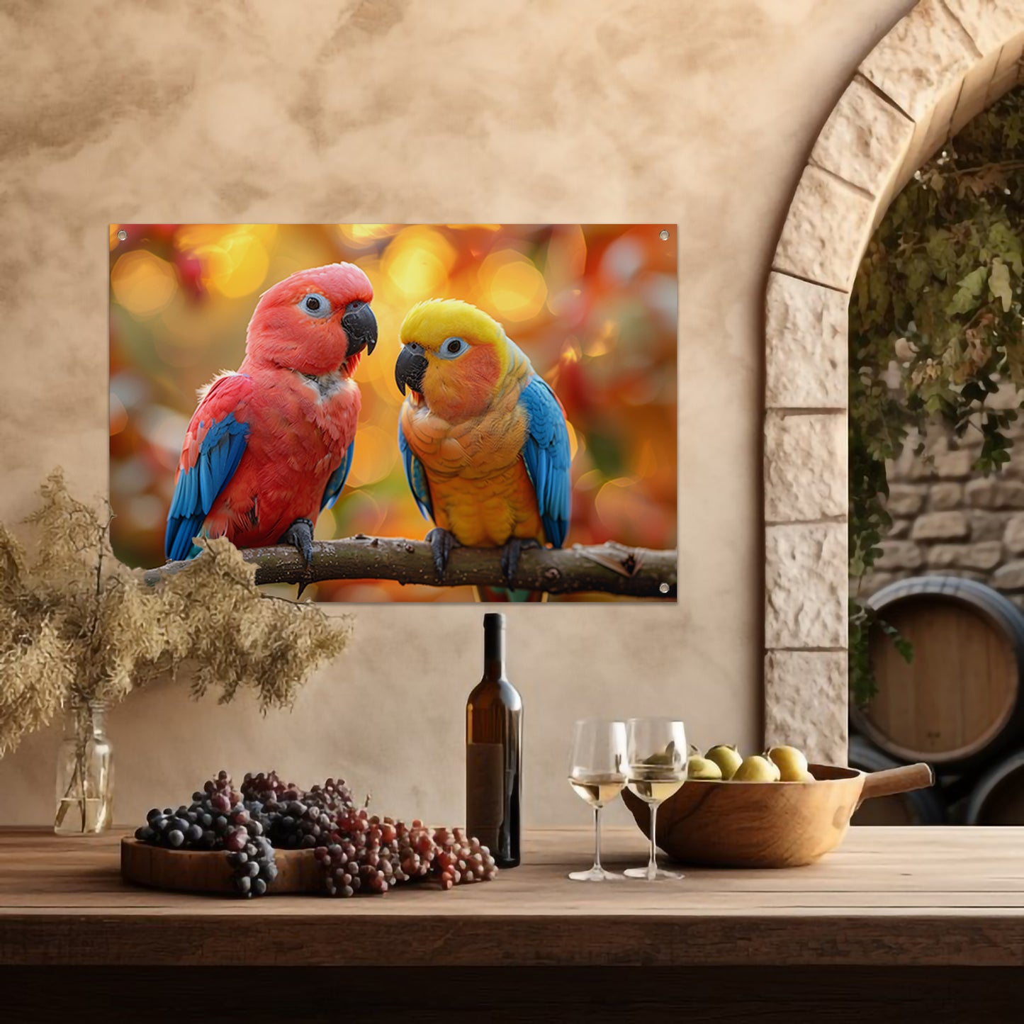 Twee papegaaien op een tak tuinposter