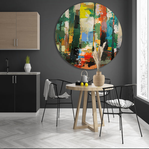 Dynamische Abstracte Olieverf in Levendige Kleuren aluminium muurcirkel
