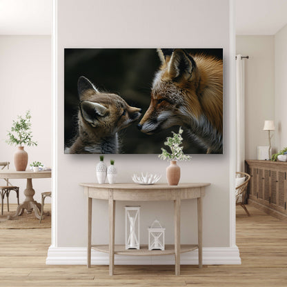 Intiem moment tussen vos en babyvos canvas