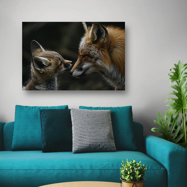 Intiem moment tussen vos en babyvos canvas