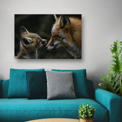 Intiem moment tussen vos en babyvos canvas