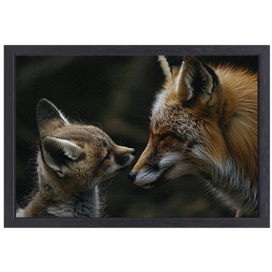 Intiem moment tussen vos en babyvos canvas met baklijst