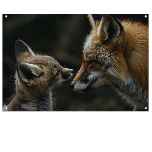 Intiem moment tussen vos en babyvos tuinposter