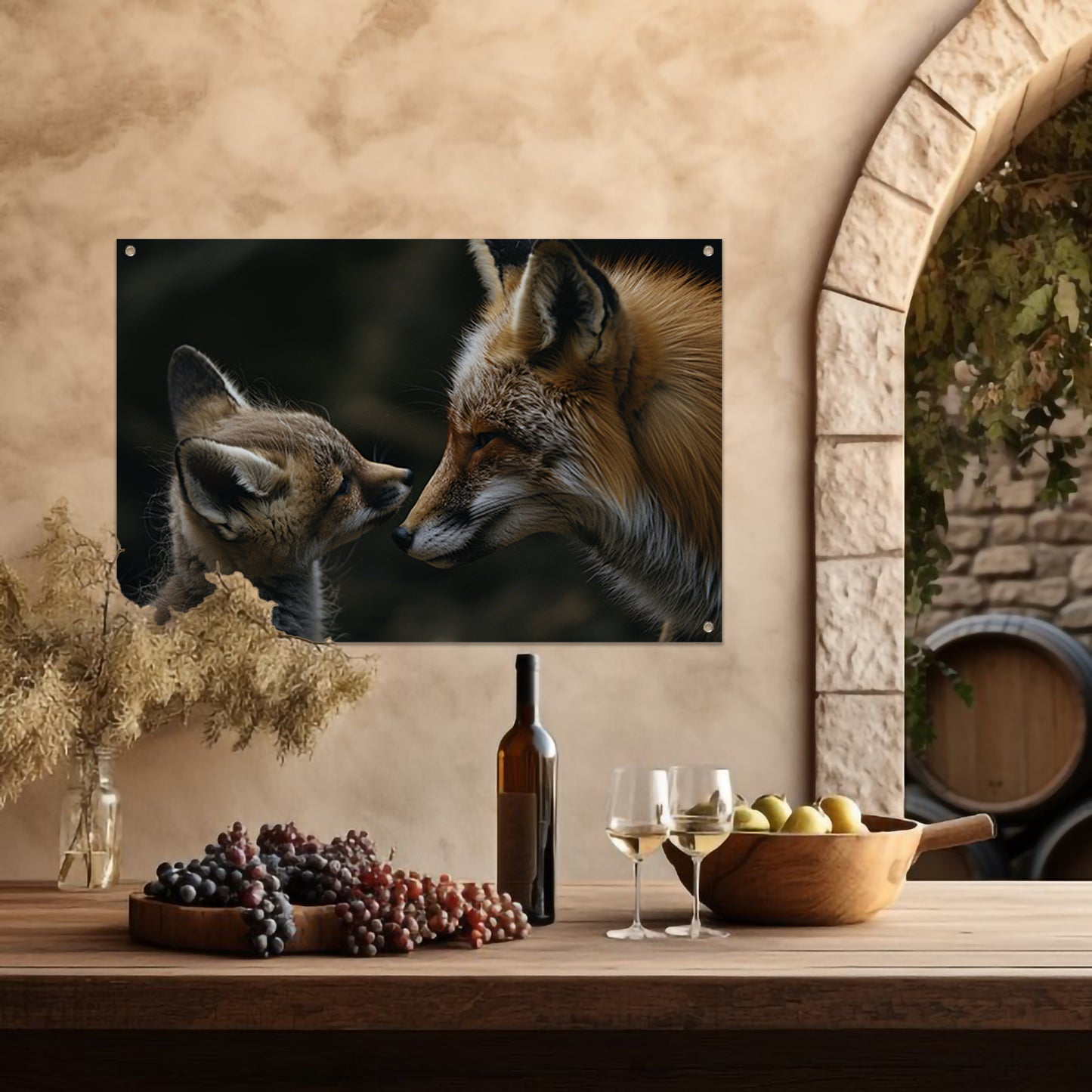 Intiem moment tussen vos en babyvos tuinposter
