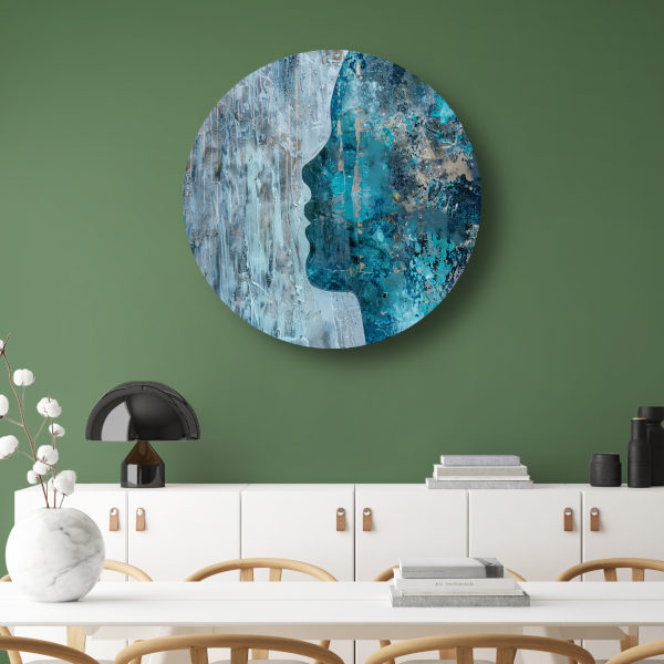 Abstract Gezicht in Blauw, Zwart en Grijs forex muurcirkel