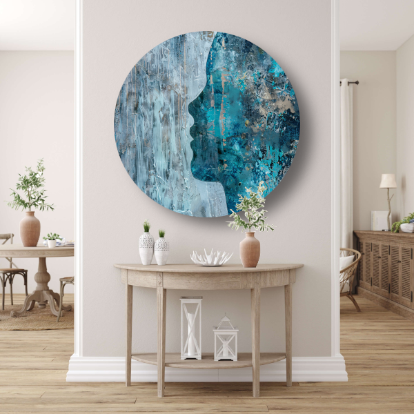 Abstract Gezicht in Blauw, Zwart en Grijs forex muurcirkel