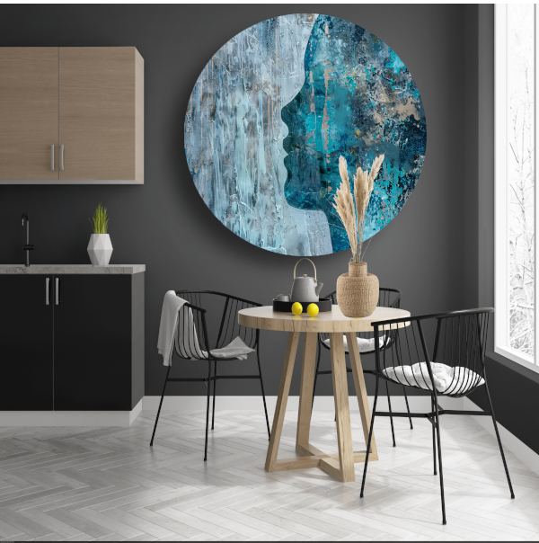 Abstract Gezicht in Blauw, Zwart en Grijs forex muurcirkel